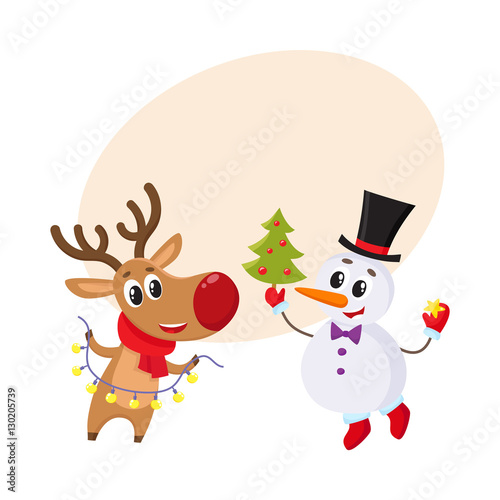 Happy snowman holding Christmas tree and funny reindeer with a garland  cartoon vector illustration with background for text. Deer and snowman with Christmas attributes  holiday decoration element