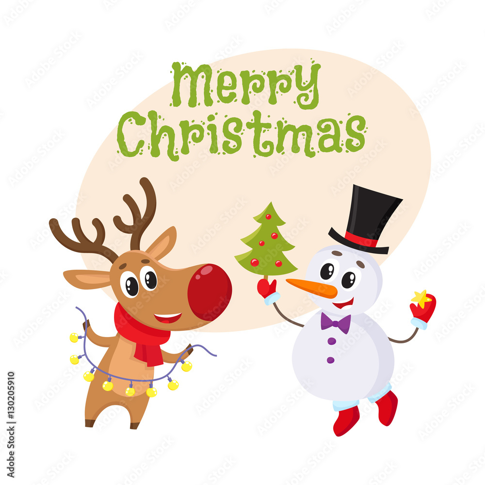 Merry Christmas greeting card template with Happy snowman holding Christmas tree and funny reindeer with a garland, cartoon vector. Christmas poster, banner, postcard, greeting card design