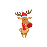 Funny Christmas reindeer in red hat, scarf and belt laughing happily, cartoon vector illustration isolated on white background. Christmas red nosed deer in hat and scarf, holiday decoration element