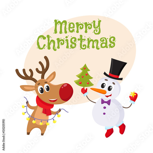 Fototapeta Naklejka Na Ścianę i Meble -  Merry Christmas greeting card template with Happy snowman holding Christmas tree and funny reindeer with a garland, cartoon vector. Christmas poster, banner, postcard, greeting card design