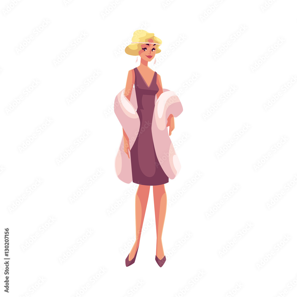 Young woman in 1920s cocktail dress at vintage party, cartoon vector  illustration isolated on white background. Beautiful blond woman in cocktail  dress and mantel, retro fashion vector illustration Stock Vector