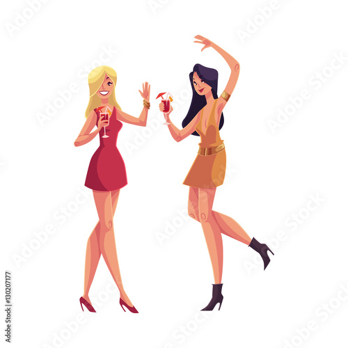 Young clubber girls, blond and black haired, in short red dresses dancing at party, cartoon vector illustration isolated on white background. Young women drinking cocktails and having fun and partying