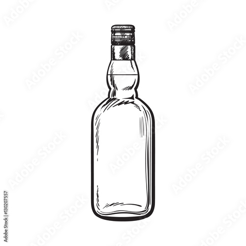 Unopened, unlabeled full whiskey bottle, sketch style vector illustration isolated on white background. black and white hand drawing of an unlabeled, unopened whiskey, rum, brandy bottle