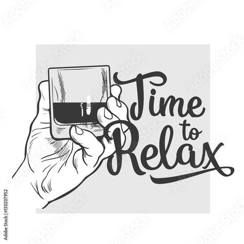 Hand holding glass of whiskey, sketch style vector poster, banner, invitation template. Hand drawing of male hand with a shot of rum, whiskey, cognac, time to relax concept for poster, postcards