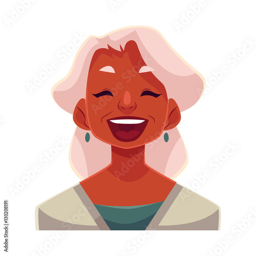 Grey haired old african lady, laughing facial expression, cartoon vector illustrations isolated on white background. Old black woman laughing out load with closed eyes and open mouth. Laughing