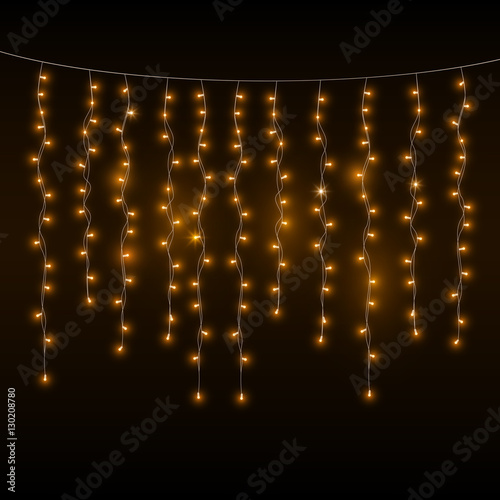 Yellow garlands on dark background, christmas lights, vector illustration