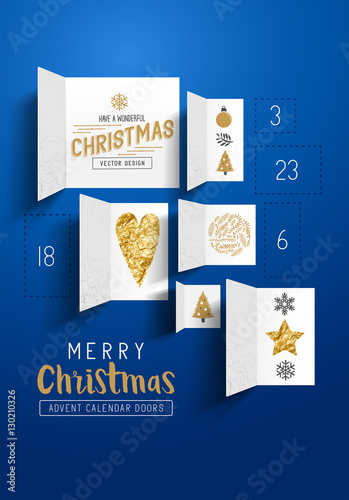 Christmas advent calendar doors open to reveal festive images. Vector illustration