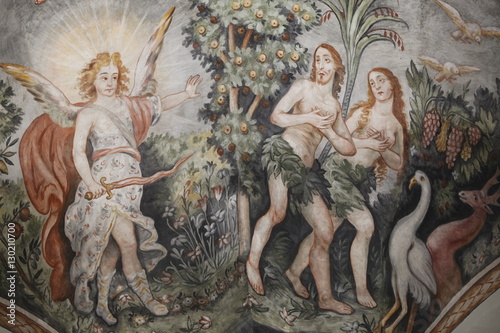 Fresco of the Expulsion of Adam and Eve from the Garden of Eden in Maglie church, Lecce