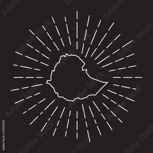 Ethiopia Vector Map Outline with Vintage Sunburst Border. Hand Drawn Map with Hipster Decoration Element. Radiant Light Rays around country Map on Black Background.