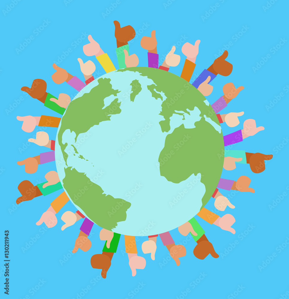 Vector flat illustration of planet Earth, human hands different nationalities showing  Like