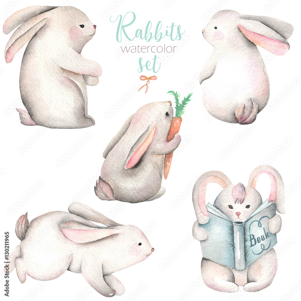 Naklejka premium Collection, set of watercolor cute rabbits illustrations, hand drawn isolated on a white background