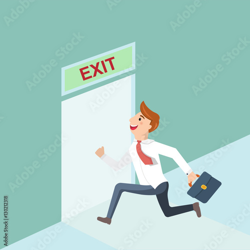 Businessman runs to exit door in the office. Running businessman and open door