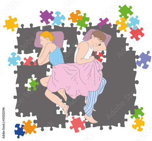 Upset young couple having marital problems or a disagreement lying side by side in bed facing in opposite directions ignoring one another. vector illustration