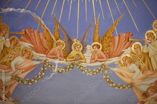 Detail of angels in a fresco in the Visitation church in Ein Kerem, Israel photo