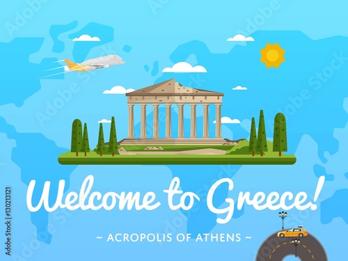 Welcome to Greece poster with famous attraction vector illustration. Travel design with Parthenon temple on Acropolis. Famous architectural landmark and worldwide traveling, tourist agency banner