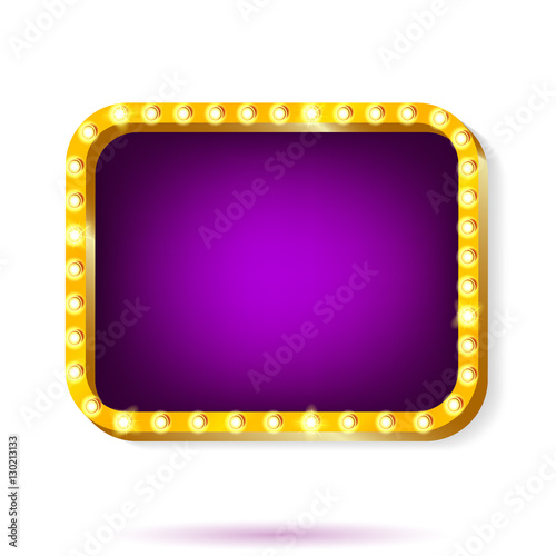 Retro light frame purple with light bulbs isolated on white background.