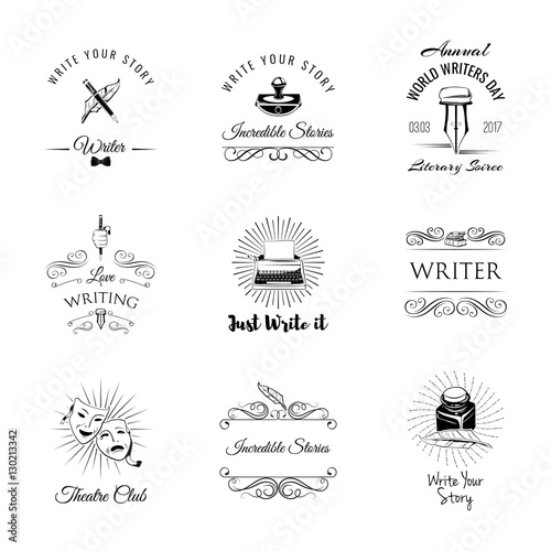 Writer vintage labeles and badges set. Arts Design Elements. Isolated On White