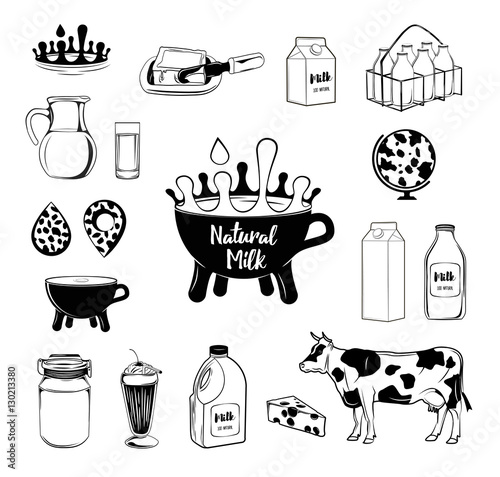 Milk and creamery labels, emblems and design elements set. crown, jug, drop a crate of bottles, cow, Cup