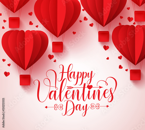 Happy valentines day vector greetings card design with paper cut red heart shape hot air balloons flying and hearts in white background. Vector illustration.
