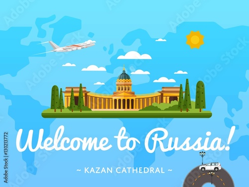 Welcome to Russia poster with famous attraction vector illustration. Travel design with Kazan Cathedral in Saint Petersburg. Worldwide landmark and historical place, tour guide for traveling agency