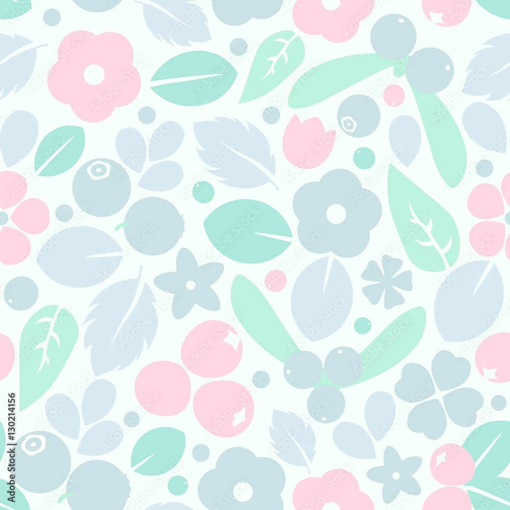 Vector flat flowers and berries, seamless creative pattern.