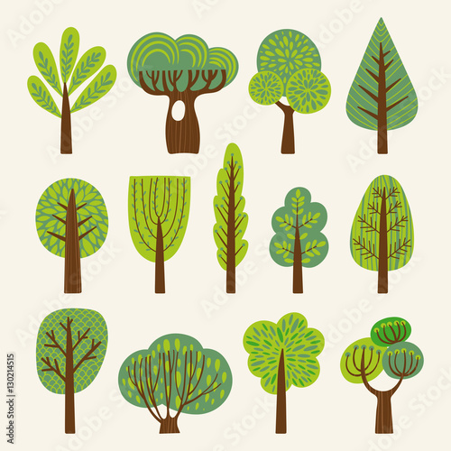 Set of illustrations with stylized trees