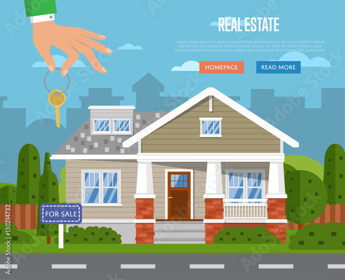 Real estate agency website template with sale house vector illustration. Commercial background. Real estate business concept. Family dream home. Trading house. Advertising company, online business