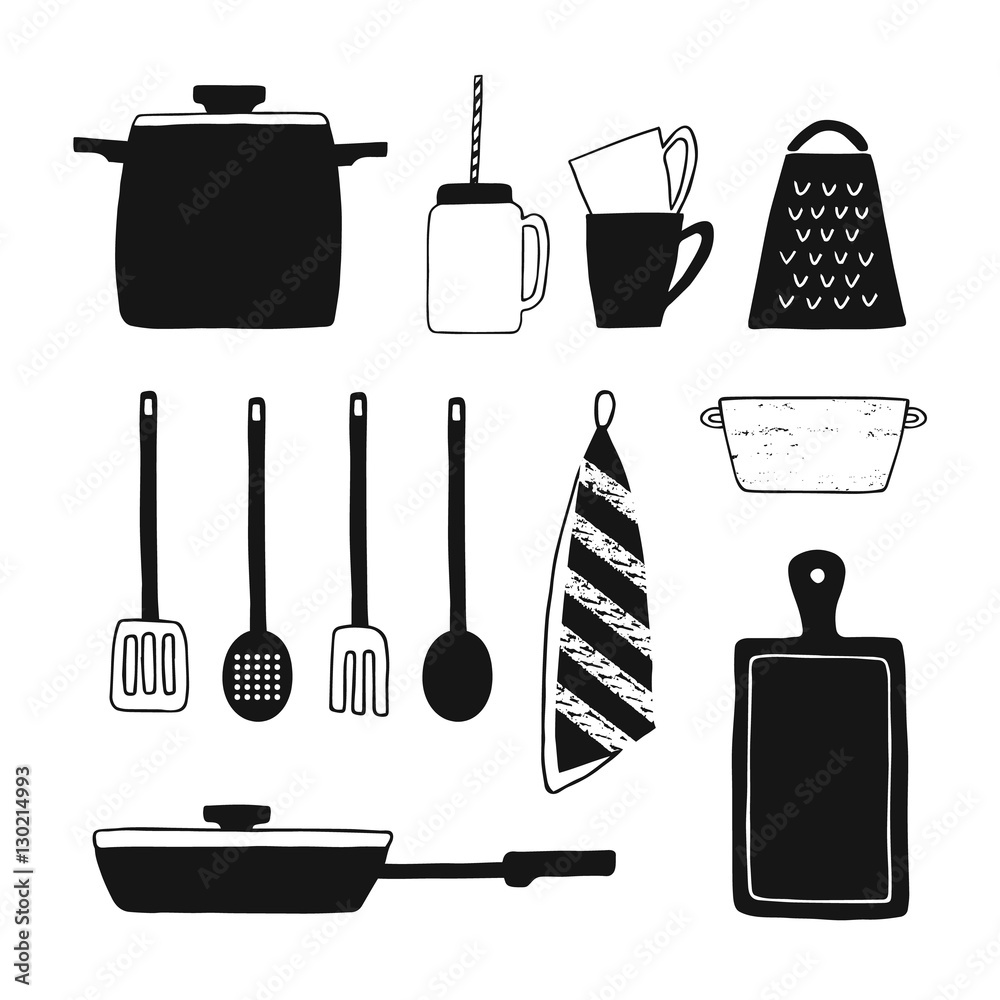 Cookware isolated vector set. Hand drawn kitchenware icons. Black and ...