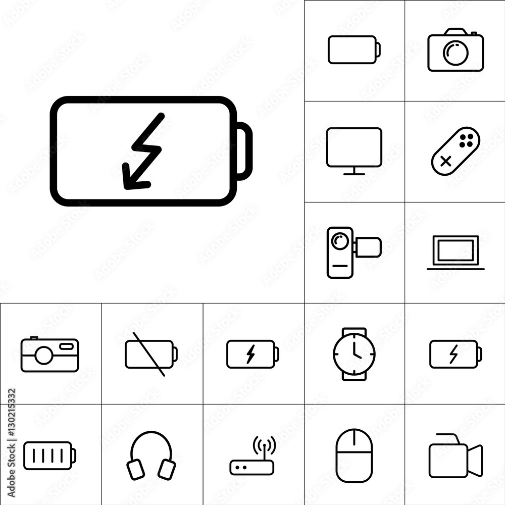thin line battery icon on white background, gadgets set thin line battery icon on white background, gadgets set