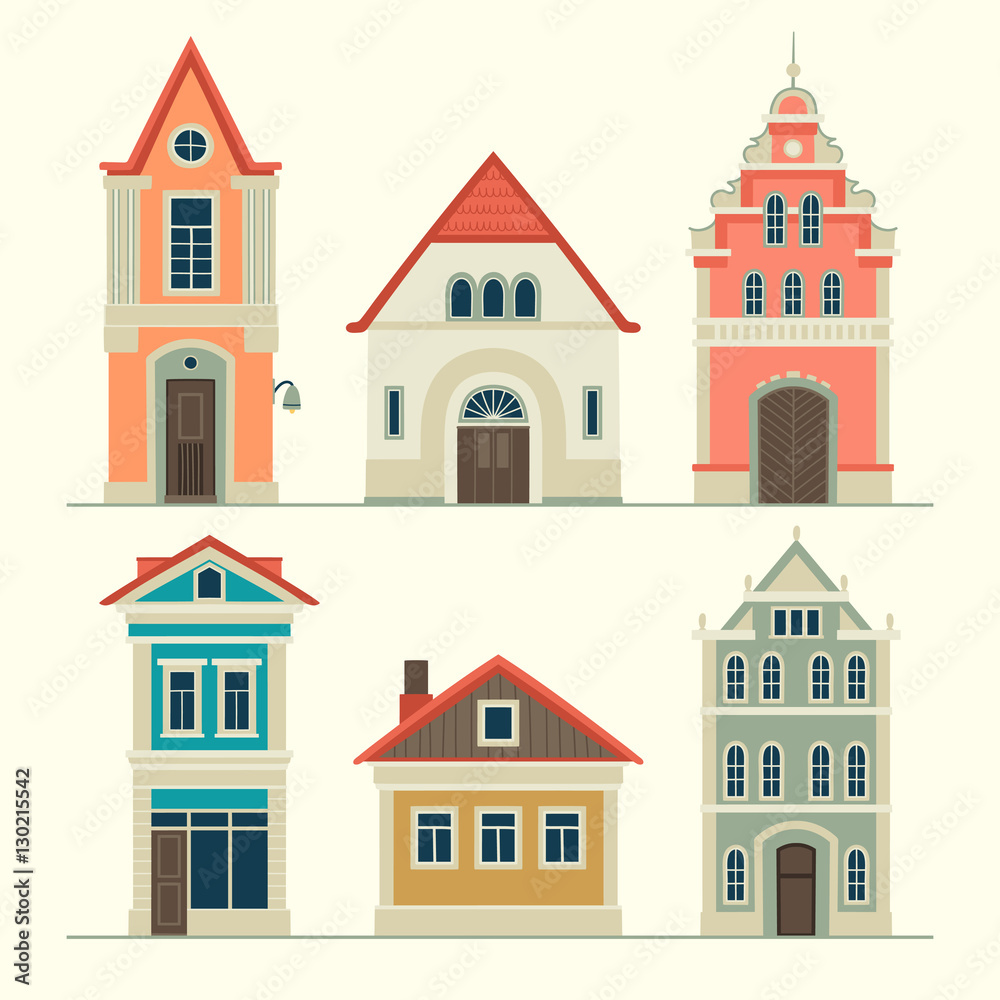 illustrations of old houses. Stylized facades