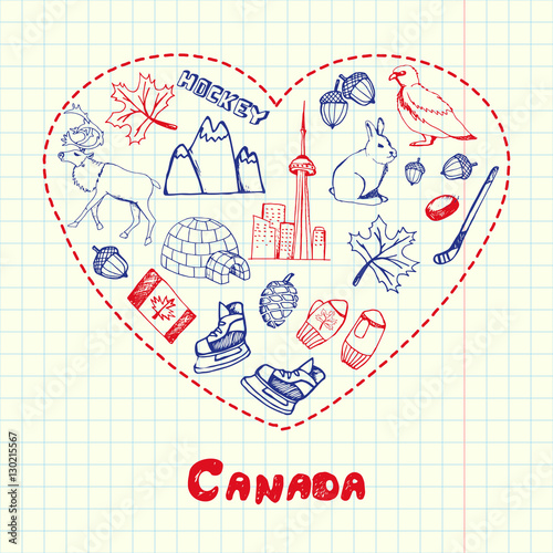 Love Canada. Dotted heart filled with colored doodles associated with japanese nation on squared paper vector illustration. North America journey memories. Sketched nature, sports, architecture icons
