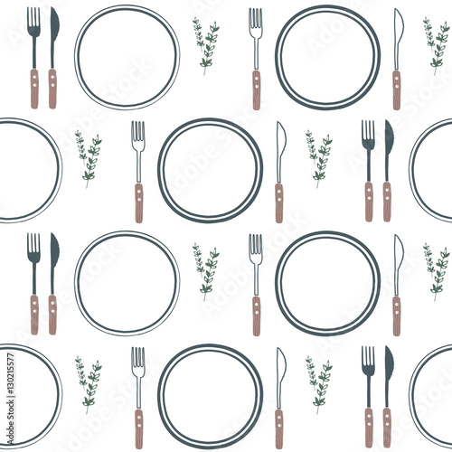 Tableware seamless pattern. Fork, knife, plate. Eating vector background. Hand drawn doodle vector illustration. Sketch dinnerware. Isolated objects on white background