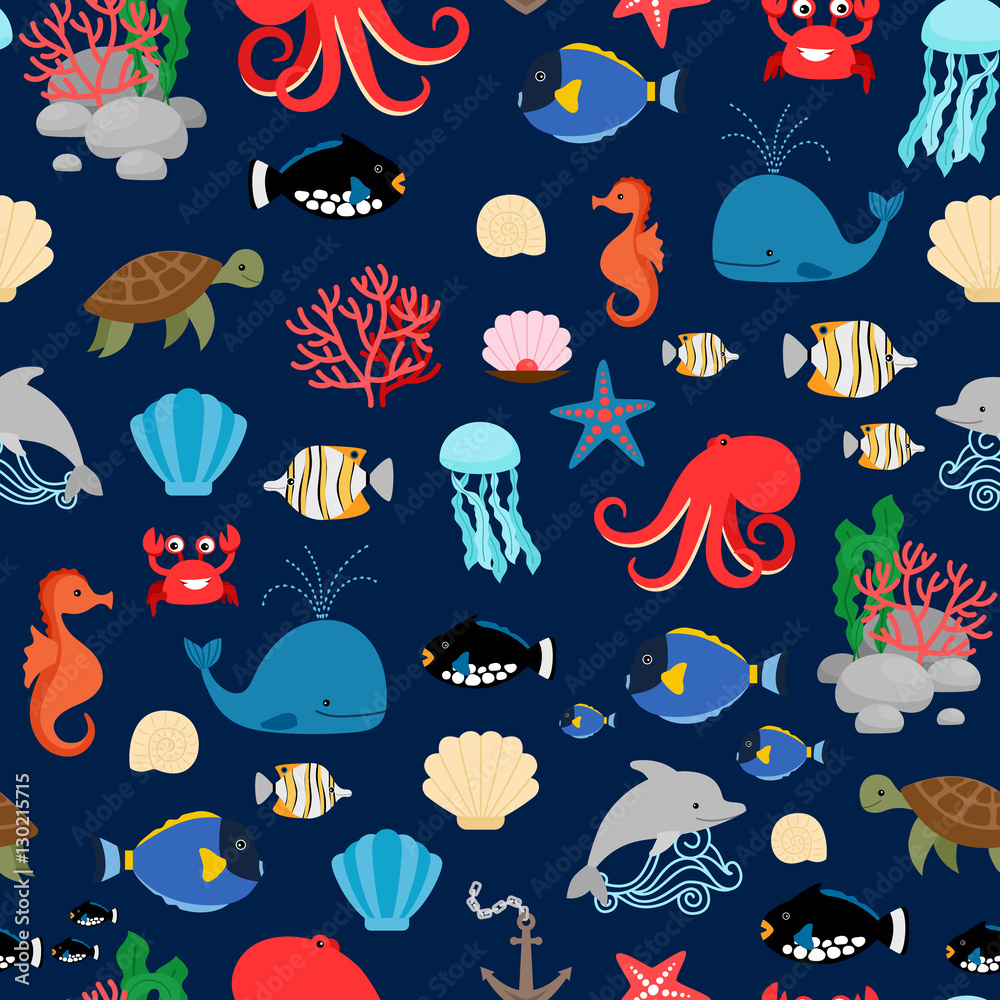 Obraz premium Sea pattern with fishes octopus whales and crabs on dark blue background. Vector illustration
