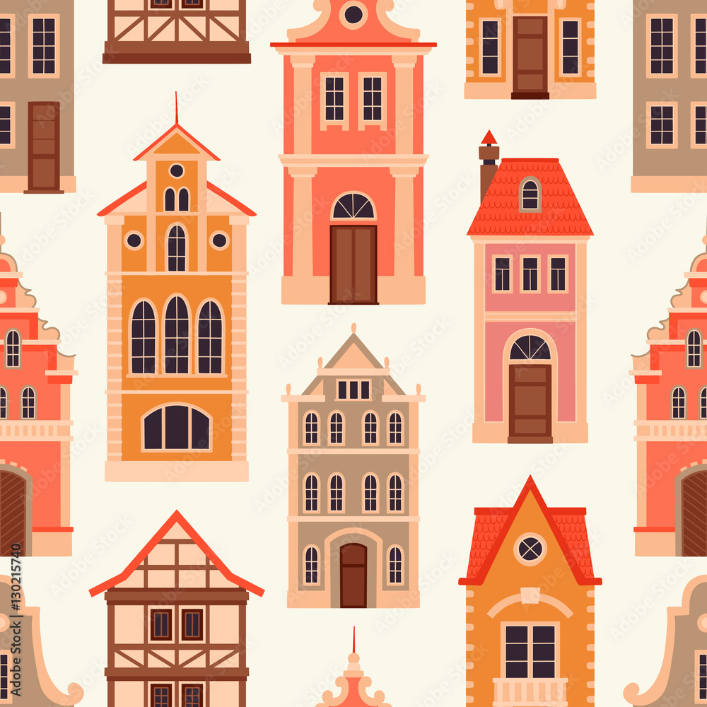 Seamless pattern with old houses. Stylized facades