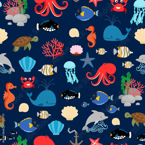 Sea pattern with fishes octopus whales and crabs on dark blue background. Vector illustration
