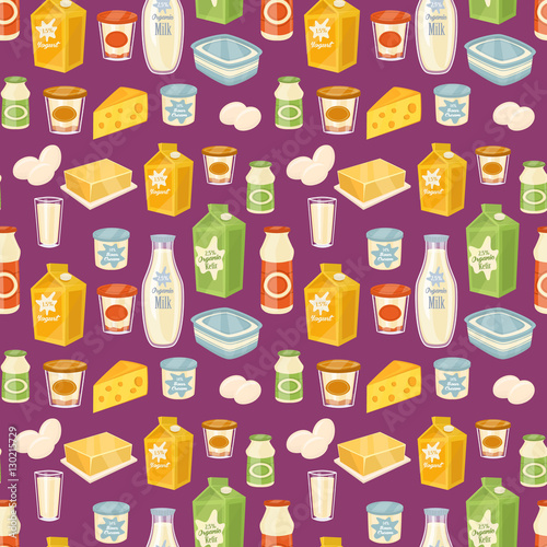 Dairy seamless pattern with different dairy icons on perpl background, vector illustration. Healthy nutritious concept with butter, eggs, milk, cream, yoghurt, cheese, kefir. Natural and healthy food