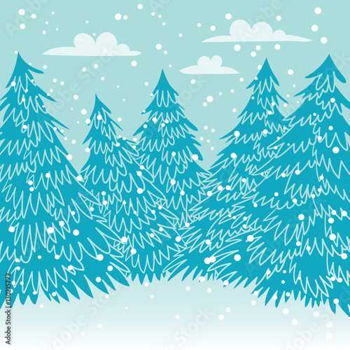 Forest glade with blue pine trees sky and snow. Vector.
