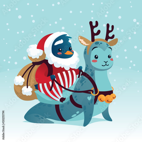Cute Penguin in costume of Santa Claus riding Seal.