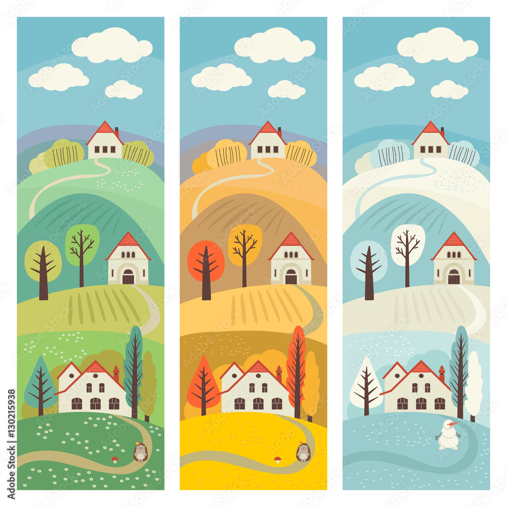 Set of banners with the rural landscape. Seasons. Summer, Fall, Winter