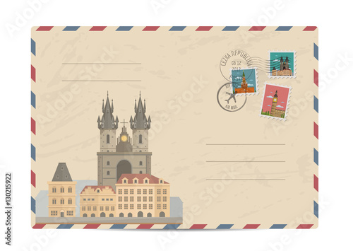 Church of Our Lady before Tyn, Prague. Postal envelope with famous architectural composition, postage stamps and postmarks vector illustration. Postal services. Envelope delivery