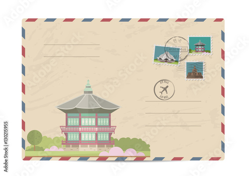 Japanese ancient temple. Pagoda tower. Postal envelope with famous architectural composition, postage stamps and postmarks vector illustration. Postal services. Envelope delivery