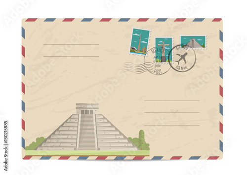 Chichen Itza Tulum Kukulcan crypt tomb pyramid, Mexico. Postal envelope with famous architectural composition, postage stamps and postmarks on white background vector illustration. Postal services.