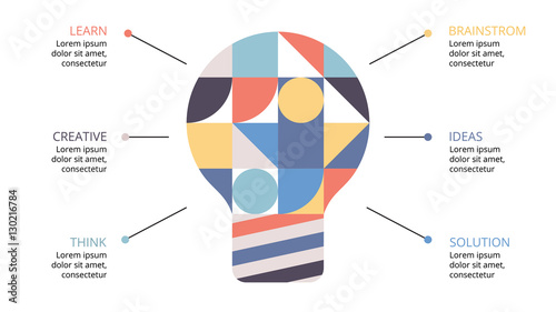 Vector abstract light bulb infographic. Creative presentation slide. Resolution 16:9. Template for diagram, graph or chart. Business startup idea concept with 6 options, parts, steps, processes.