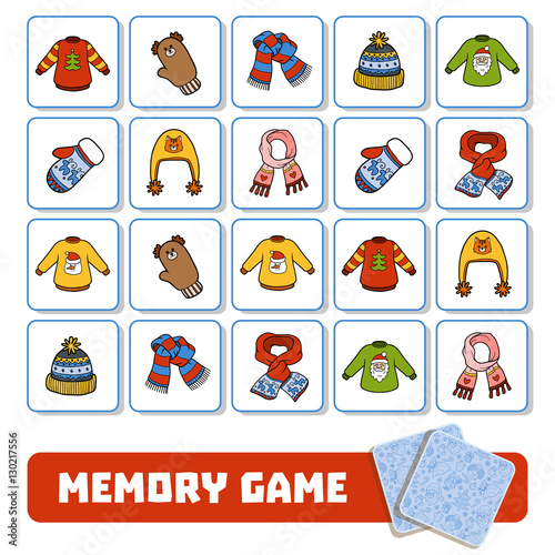 Memory game for children, cards with winter accessories