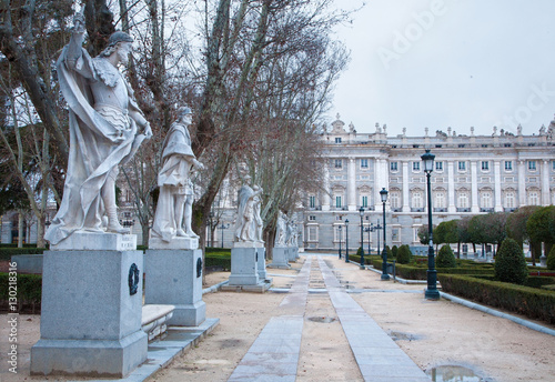 Madrid - The statues (19. cent.) depict Roman, Visigoth and Christian rulers from Plaza de Oriente in morning