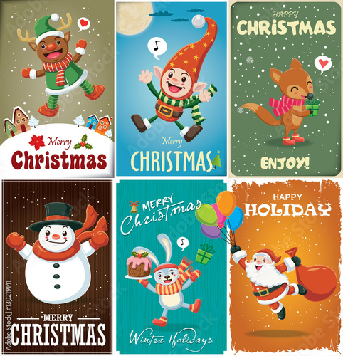 Vintage Christmas poster design with Santa Claus, elf, reindeer, snowman, fox, rabbit characters.