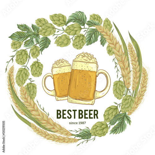 Wreath with hops, wheat and glasses of beer. Floral composition with cones, leaves and branches. Isolated elements. Vintage hand drawn illustration in watercolor style.