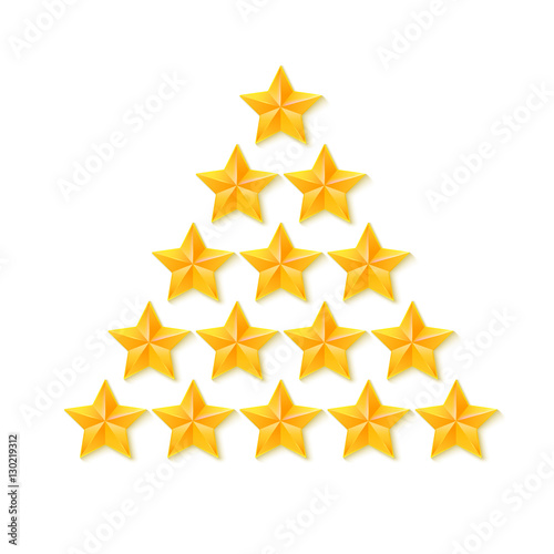 Set of rating stars. Gold, metal five-pointed stars in the shape of a Christmas tree. isolated on white background