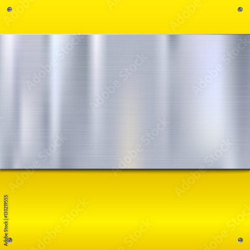 Shiny brushed metal plate with screws. Stainless steel banner on yellow polished background, vector illustration for you