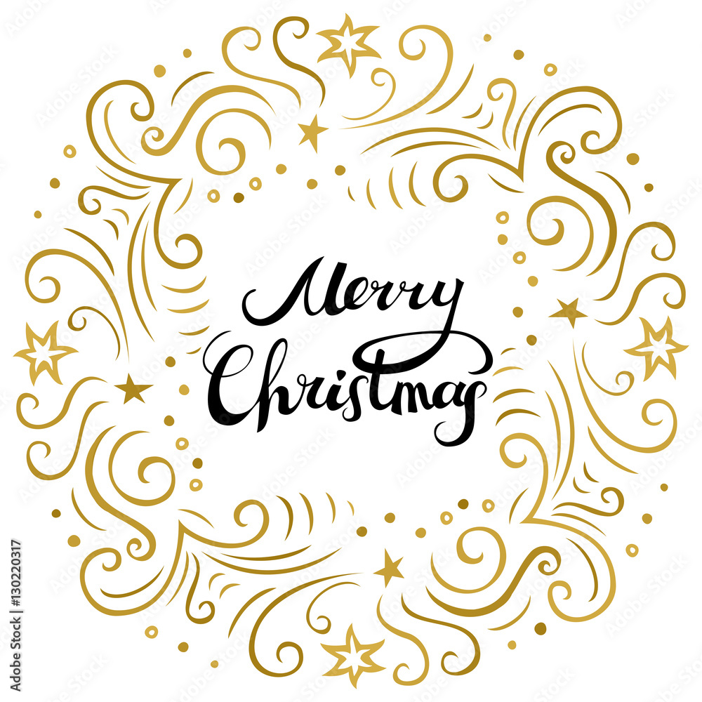 Merry Christmas card with black freehand lettering and golden border.